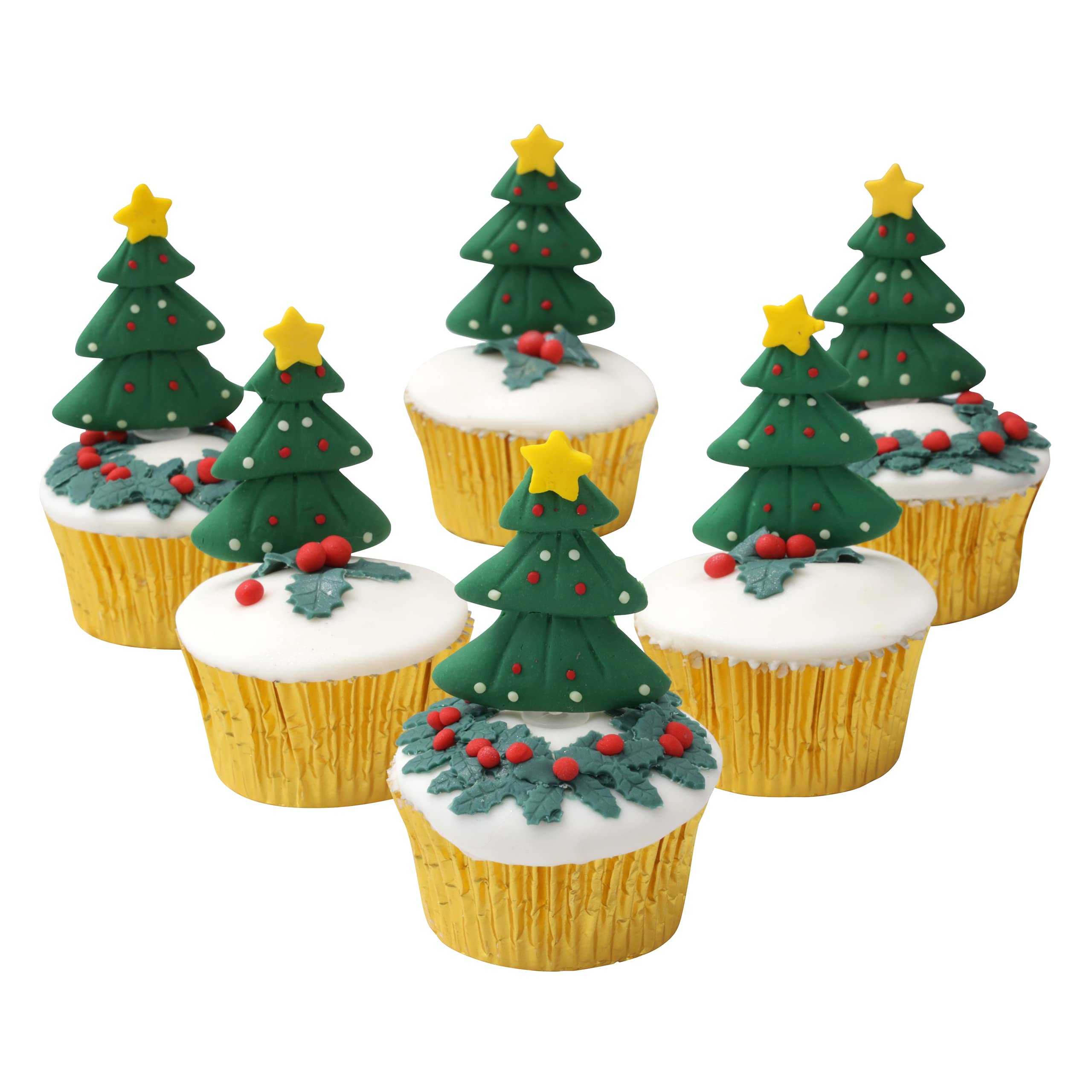 Christmas Cake Decorations Plastic Topper Cupcake Mini Christmas Fire Fabric Gold Trees and Trees with Snow (6xTrees)