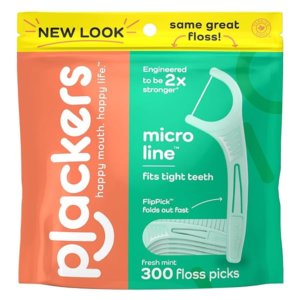 PLACKERS MICRO LINE DENTAL FLOSS PICKS, FOLD-OUT FLIPPICK, TUFFLOSS, EASY STORAGE WITH SURE-ZIP SEAL, FRESH MINT FLAVOR, 300 COUNT