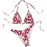 Milumia Women's 2 Piece Floral Swimsuit Halter Tie Back Triangle Thong Bikini Set Bathing Suit
