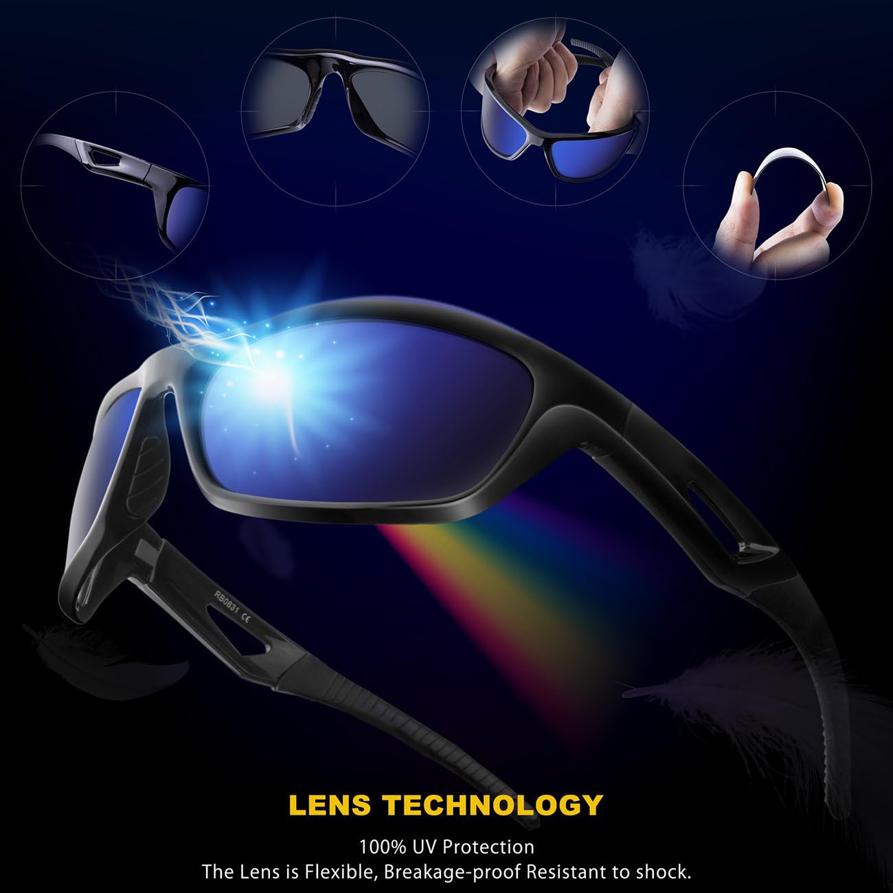 RIVBOS Polarized Sports Sunglasses Driving Glasses for Men Women Tr90 Unbreakable Frame for Cycling Baseball Running Rb831 (Black&Black Mirror Lens): Sports & Outdoors