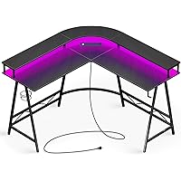 Huuger L Shaped Desk Gaming Desk with LED Lights & Power Outlets, Computer Desk with Monitor Shelves, Home Office Desk Corner