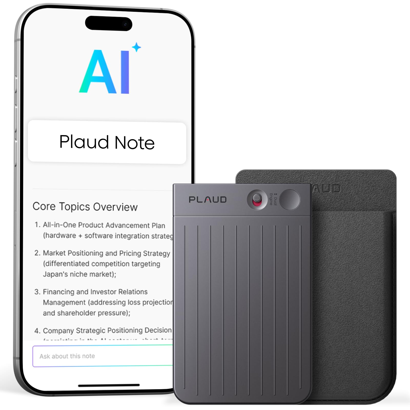 Plaud Note AI Voice Recorder Device/Dictaphone w/Case App Control AI Transcribe & Summarize Support 112 Languages 64GB Digital Audio Recorder for Lectures Meetings Calls