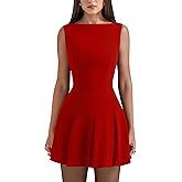 YMDUCH Women's Summer Sleeveless Boat Neck A-line Flared Hem Club Party Mini Dress