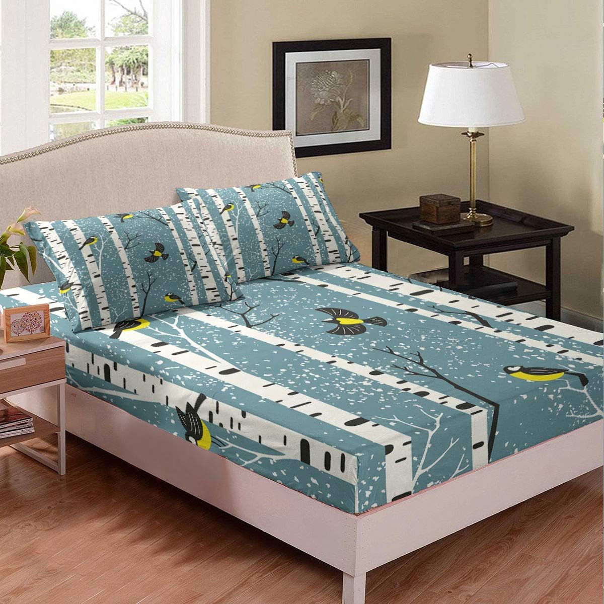 Birch Bedding Set Deep Pocket Birds Forest Trees Branches Print Sheet Set For Kids Teens Adult Women Grove Illustration Rustic Style Bed Cover Queen Size 1 Fitted Sheet With 2 Pillow Cases