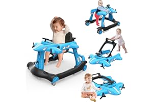 Betterhood 6-in-1 Foldable Baby Walker with Adjustable Height & Speed, Airplane-Themed Activity Push Walker with Music & Lights, Wheels, Anti-Slip Design, Suitable for Boys & Girls Aged 6-18 Months