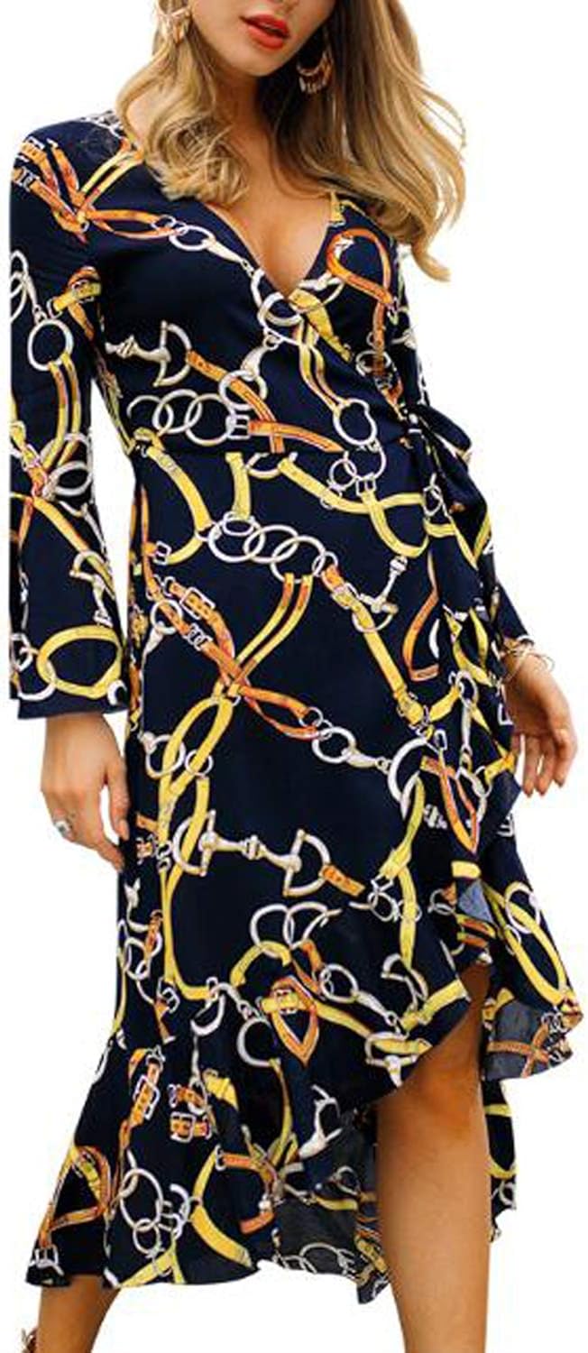 v neck floral wrap dress