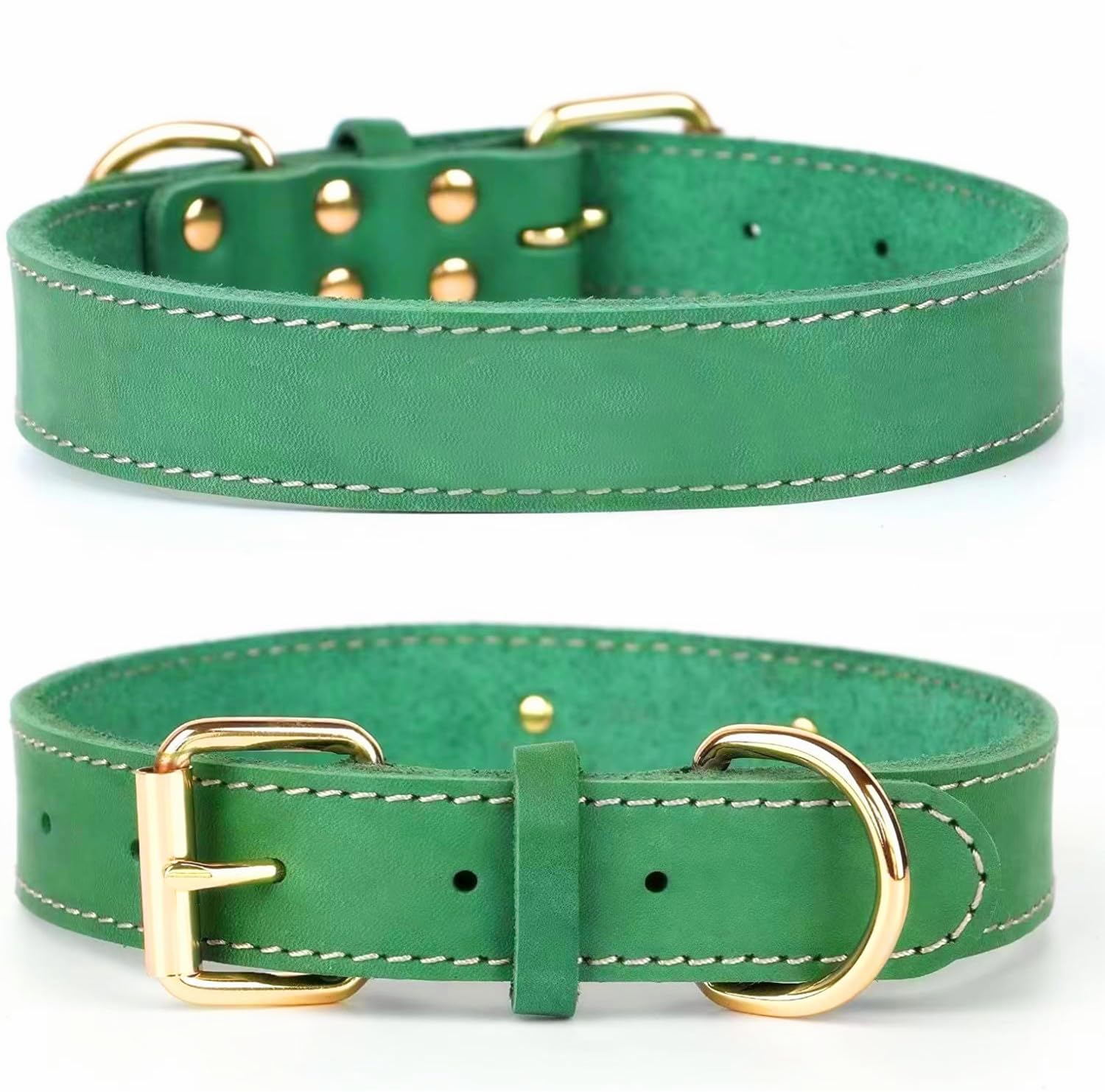SLZZ Premium Real Genuine Leather Dog Collar/Soft Touch Heavy Duty Genuine Leather/Adjustable Perfect for Male Female Small X-Small Medium Large Dogs-Green-XL