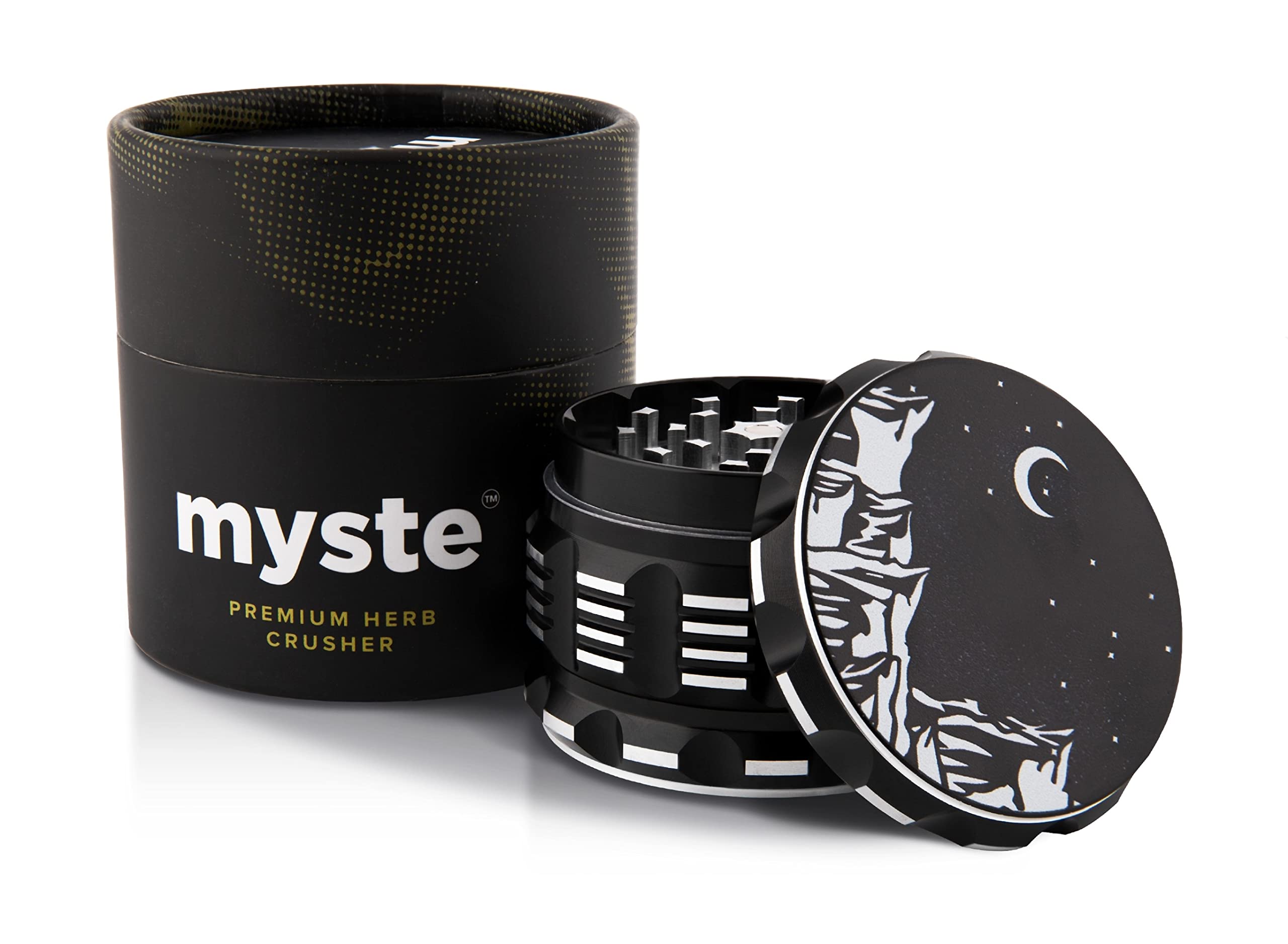 MYSTE Herb Grinder 63 mm Large with Improved Sharpest Teeth, 4 Pieces with Scraper, Magnetic Lid, Premium Spice Mill, Cruncher, Gift Packaging (MYSTE Grinder)