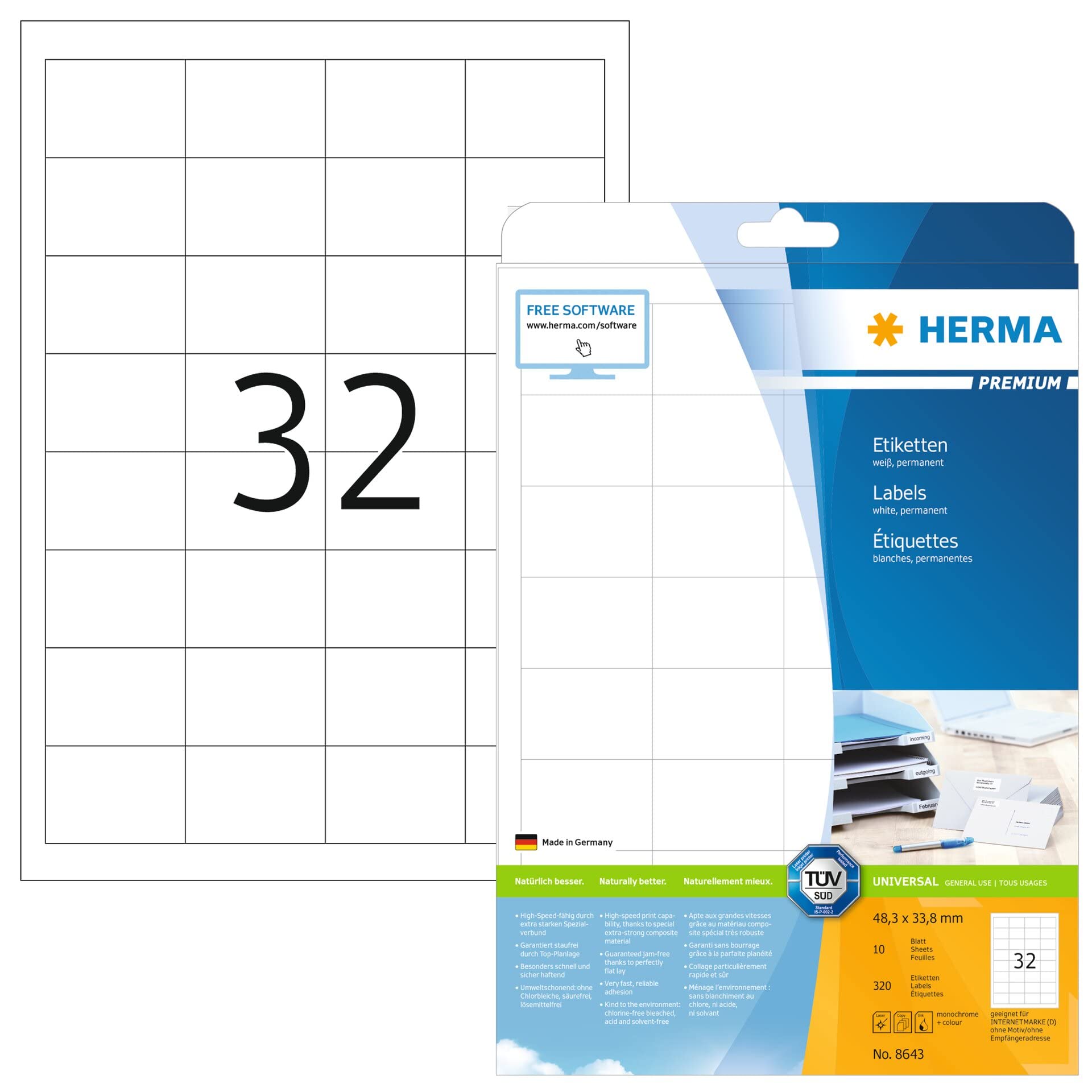 HERMA Self Adhesive Multipurpose Labels, 32 Labels per A4 Sheet, 10 Sheets, 48.3 x 33.8 mm, 320 Labels, Blank Universal Labels Stickers, Sticky Labels for Laser & Inkjet Printer, White