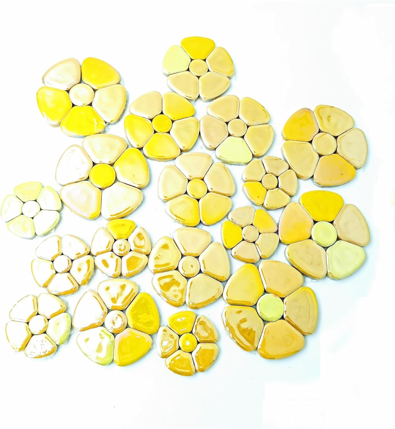 Photo 1 of 1.1 LB Random Iridescent Flower Ceramic Mosaic Tiles for DIY Crafts,3 Size Flowers Mosaic Pieces for Artwork,Photo Frames,Cups,Flower Pots,Fish Tank,Vases,Make Stepping Stones (Yellow)
