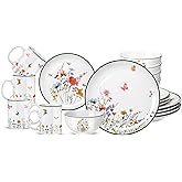 16 Pcs Wildflower Ceramic Dinnerware Set for 4 Guest Floral Dish Set | Spring Butterfly Dinner Plates Salad Plates Bowl Mug Kitchen Gift for Spring Kitchen Holiday Party Decoration