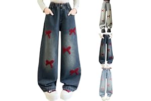 Girl's Baggy Wide Leg Jeans High Elastic Waisted Denim Pants Casual Jeans with Bow Streetwear