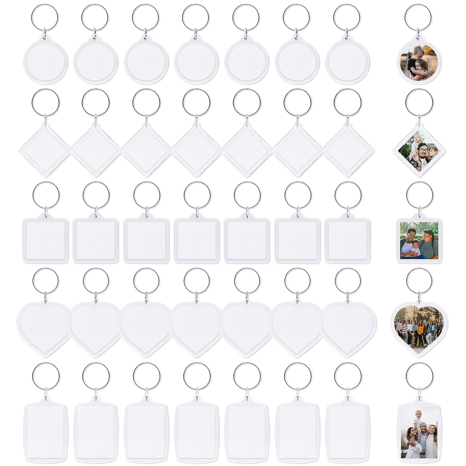 Mardatt 40Pcs Clear Acrylic Blank Photo frame keychain Personalized photo insert keychain bulk, Rectangle, Heart-Shaped, Round, Square and Rhombus Great for Personalized Keychains DIY Gift