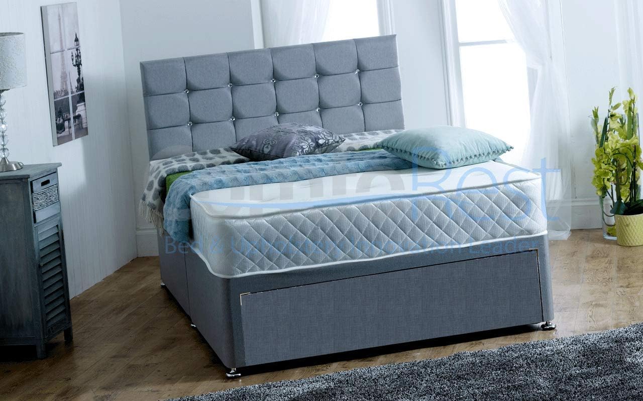 ComfoRest, Bedding & Upholstery Innovation Leader 5FT KING FOOT JAMBO DRAWER Paris Grey Fabric Divan Bed Set, Memory Mattress and headboard.UK