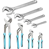 SHALL 8-Piece Adjustable Wrench & Water Pump Pliers Set, 12/10/8/6 Inch, 4Pcs Adjustable Tongue and Groove Joint Pliers and 4