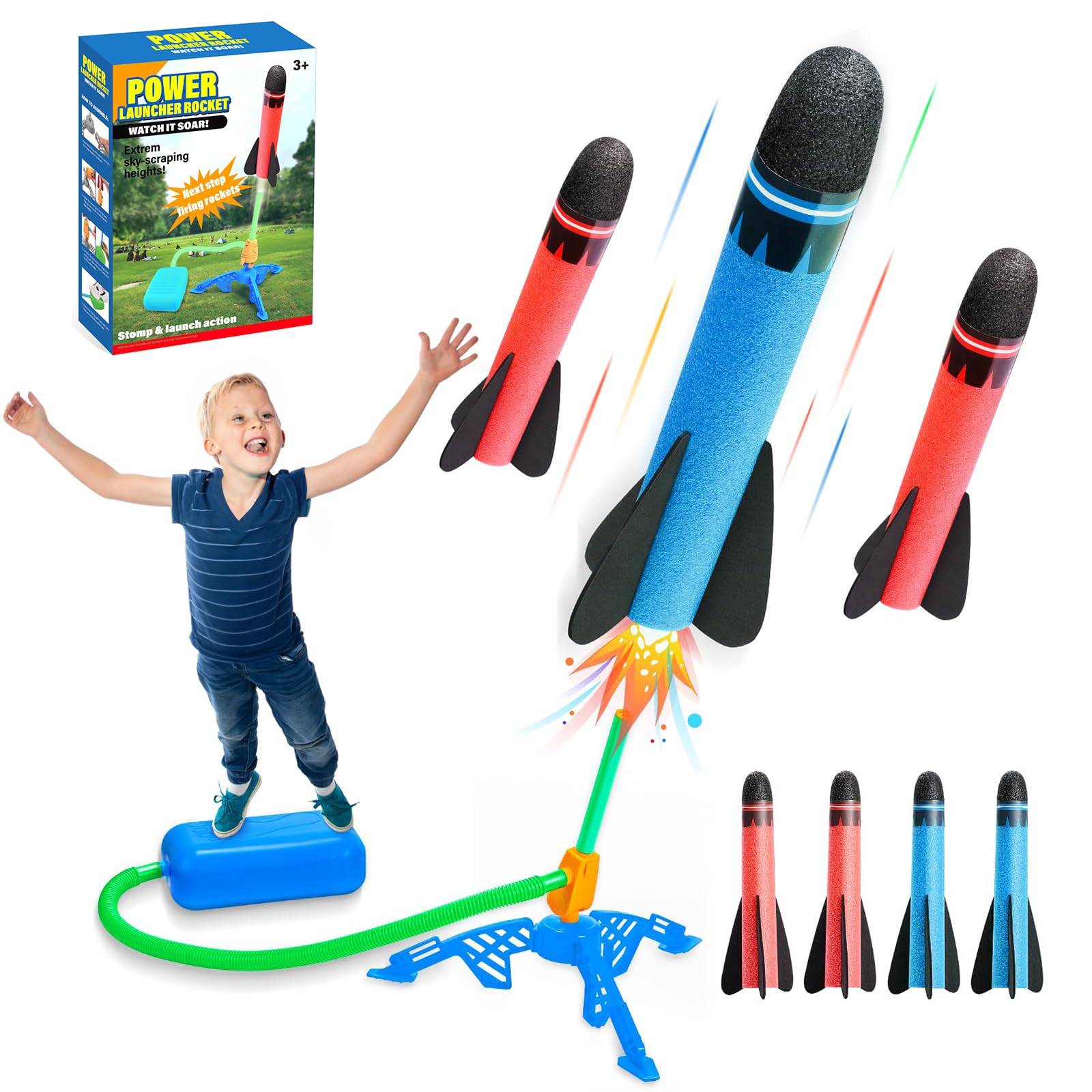 technodry Rocket Launcher for Kids - 4pcs Foam Rockets Toy Launcher Playset for Boys Girls, Safe Stomp Rocket for Kids, Outdoor Garden Toys, Easy Assembly, Fun Educational Gift for Children Age 3+