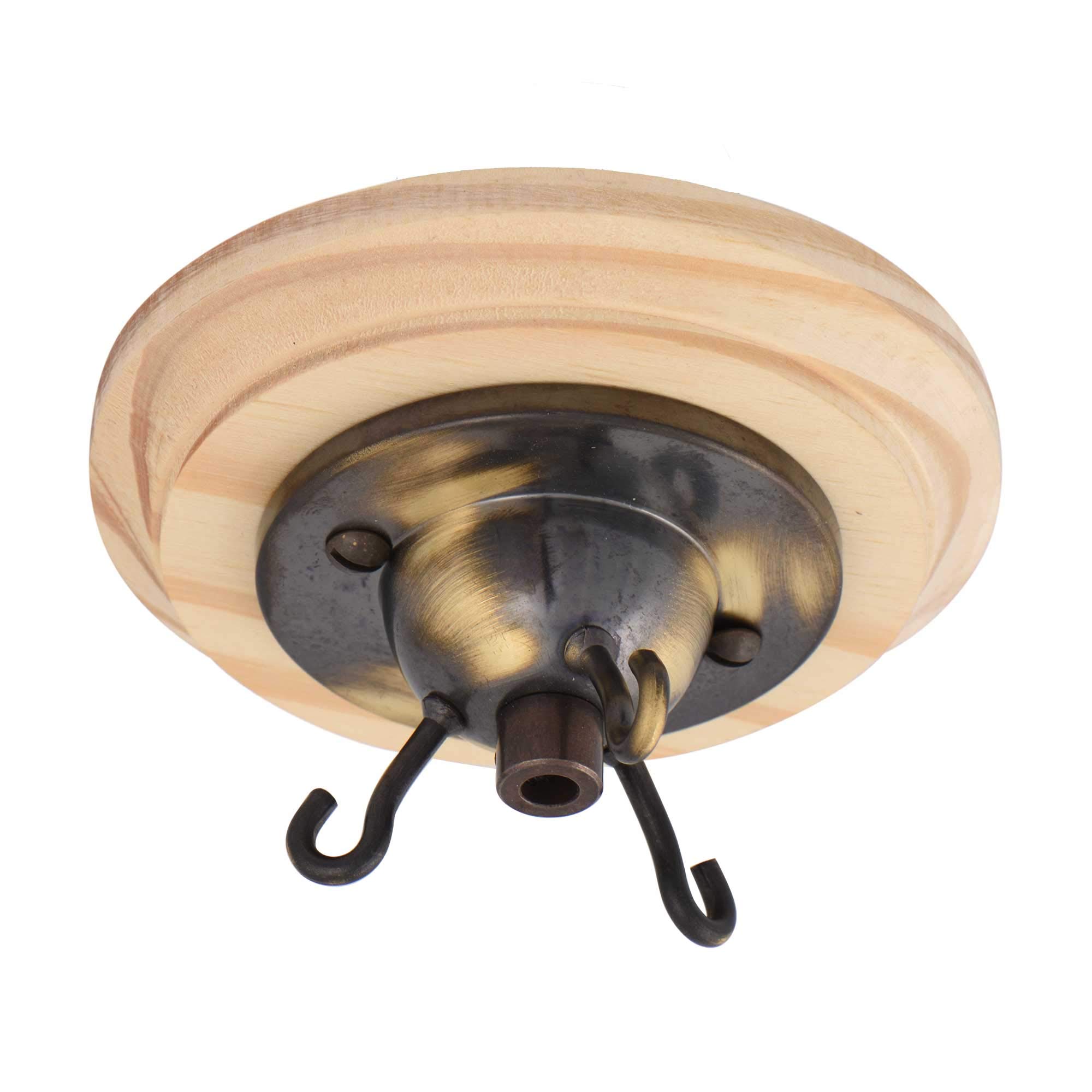 ElekTek 3 Hook Ceiling Rose Kit with Matching Screws Cord Grip and Wood Ceiling Pattress Brushed Antique Brass