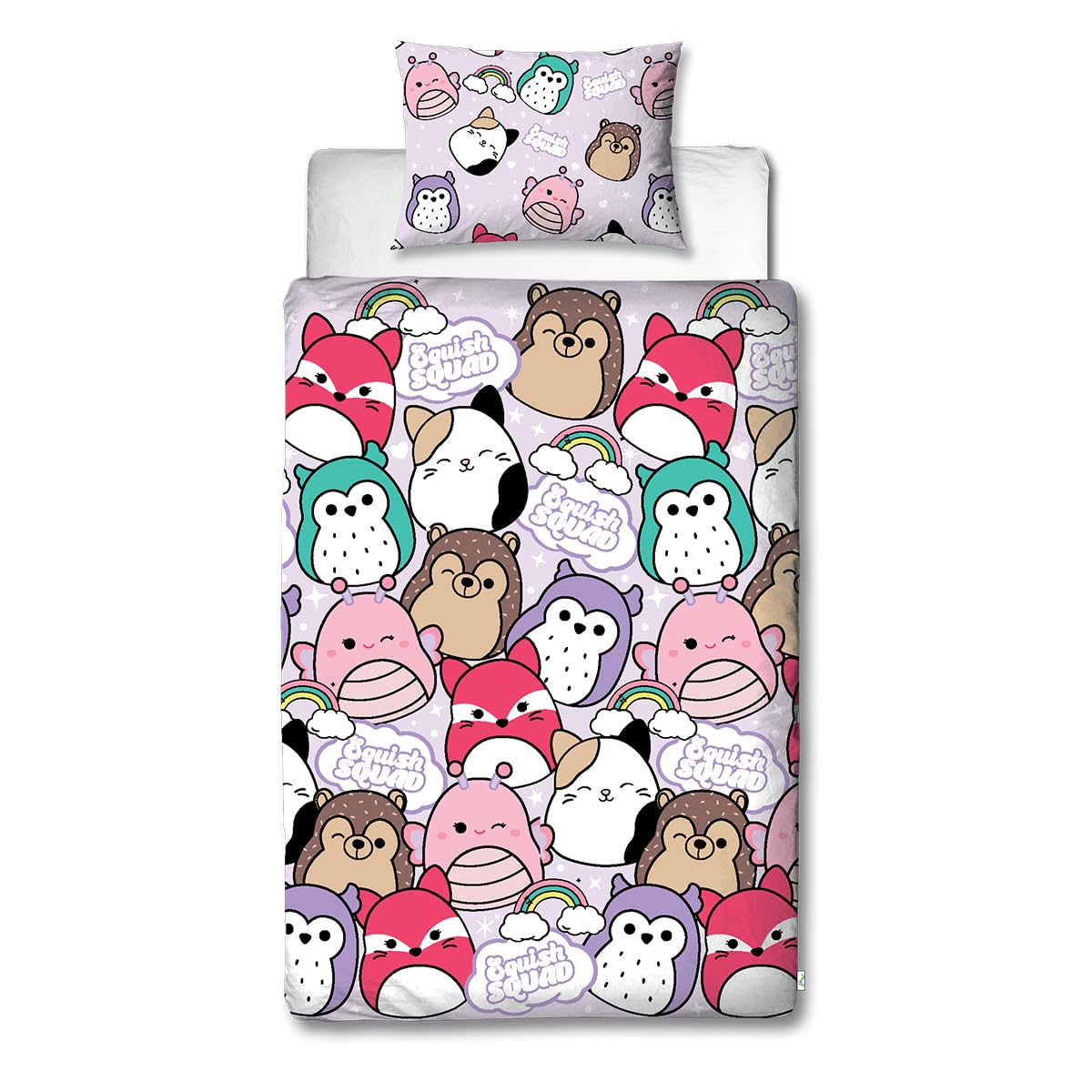 Squishmallows Character World Official Polyester Single Duvet Cover Set, Bright Design | Reversible 2 Sided Squish Squad Bedding Cover Official Merchandise Including Matching Pillow Case, Multicolor