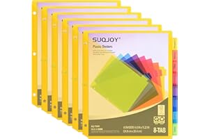 SUQJOY 8-Tab Dividers for 3 Ring Binder, 48 Count Binder Dividers with Pockets, Subject Dividers, 3-Hole Plastics Sheets Protectors for US Letter Size in 0.5", 1",2" Binders, Vibrant 8 Color, 6 Packs