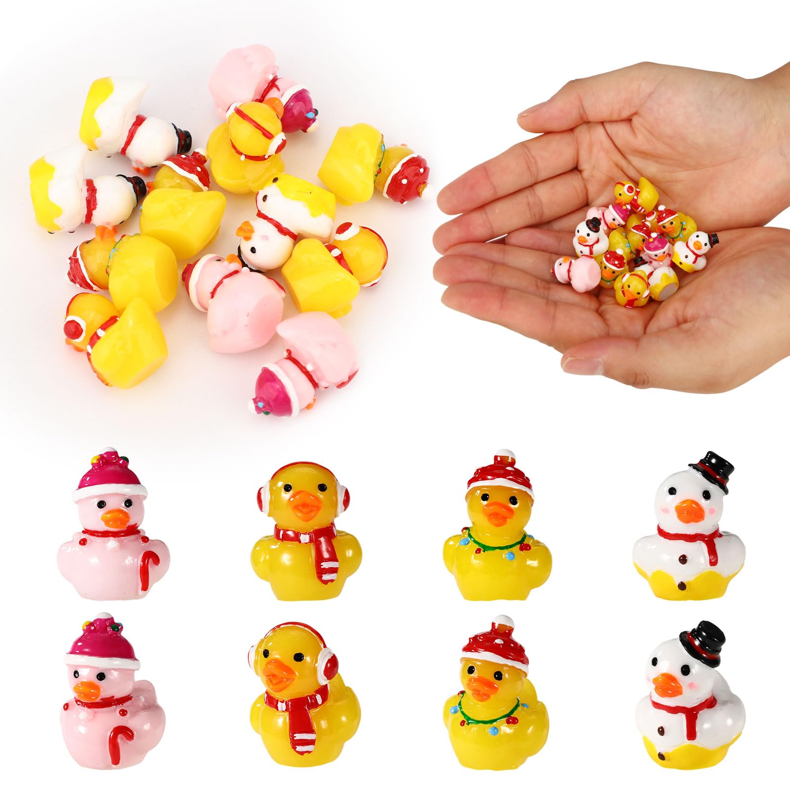 80pcs Mini Christmas Resin Ducks, 4 Styles Hat Scarf Snowman Candy Christmas Ducks Miniature Ornaments for Stocking Stuffers Dollhouse Party Favors
