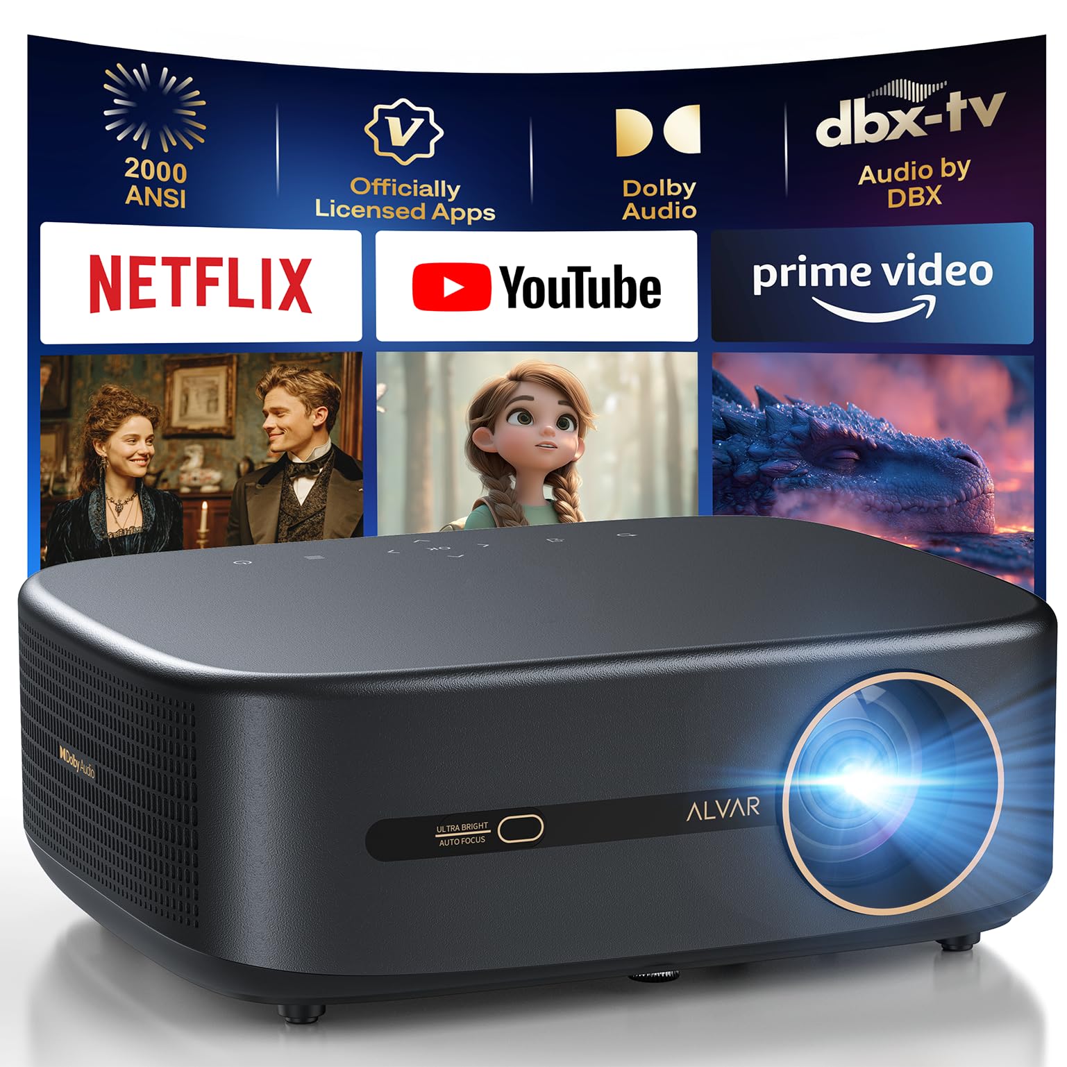 Photo 1 of [2000 ANSI/4K Support/DoIby Audio & 50W Speakers] Alvar Smart Projector with WiFi 6 and Bluetooth 5.3, NetfIix Certified outdoor movie projector, Auto Focus & Keystone, Native 1080P, Black