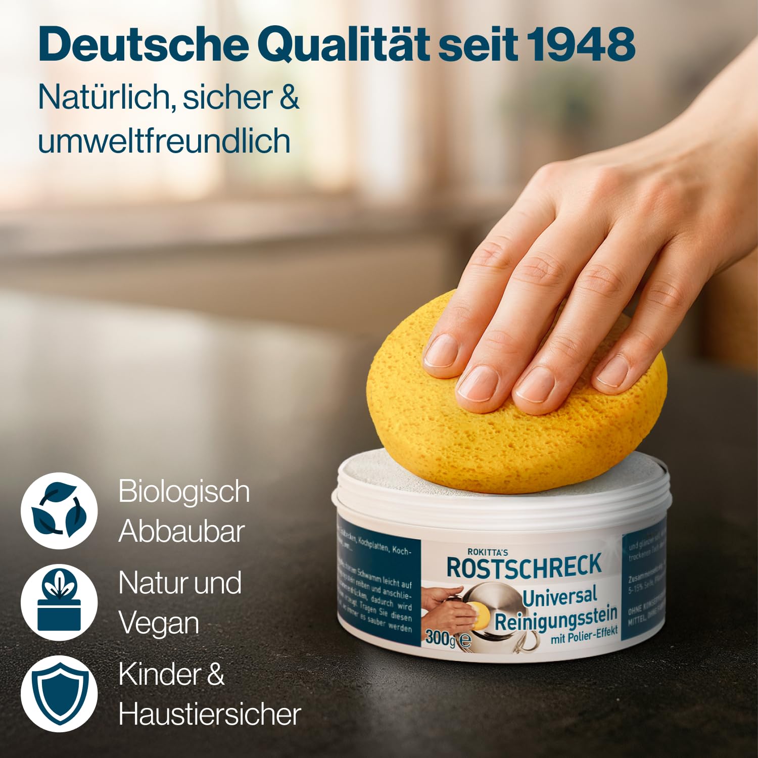 Rokitta’s Rostschreck Putzstein Universalreiniger – Ceranfeldreiniger & Reinigungsstein mit Schwamm – Universalstein Putzpaste für Bad, Backofen & Silgranit – Grüner Putzstein, 300 g 4