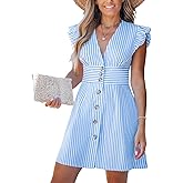 CUPSHE Women's Striped Summer Dresses V Neck Casual Mini Dress Flutter Sleeve Ruffle Button Sundresses