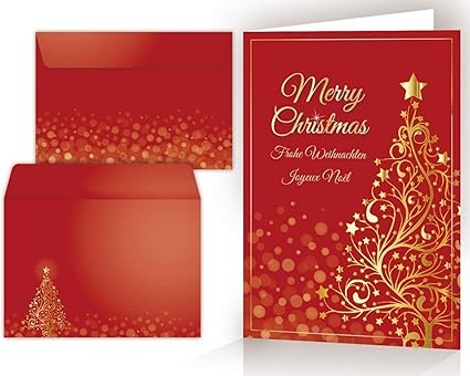 Set De Cartes De Noel Arbre De Noel Dore Avec Enveloppe 10 Pieces Cartes De VÅux De Noel Anglaises Francaises De Grande Qualite Avec Enveloppes 14 8 X 10 5 Cm Amazon Fr Fournitures De Bureau