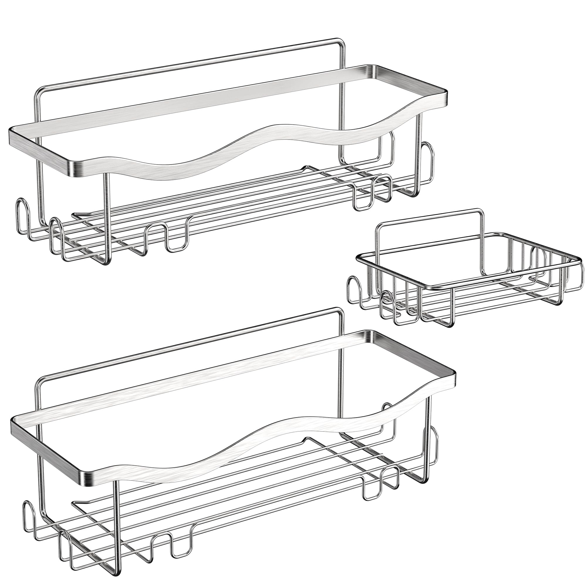 ALOCEO Shower Caddy 3 Pack, Shower Shelf No Drilling Bathroom Wall Storage with Soap Holder, Stainless Steel Shower Organiser Kitchen Rack, Sliver