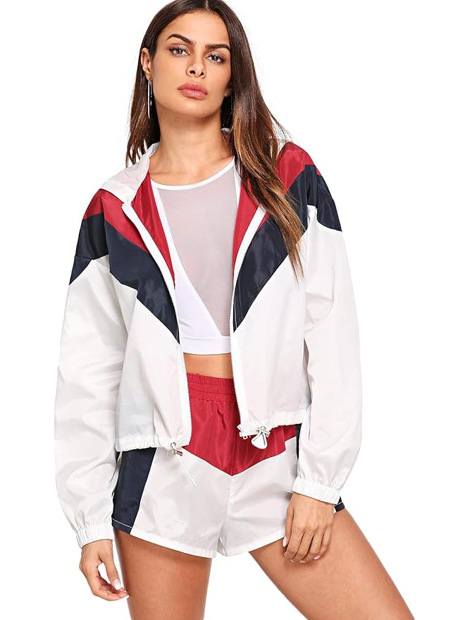 Buy SweatyRocks Women's Color Block Zip Up Long Sleeve Hoodie Top with Shorts Set 2 Piece