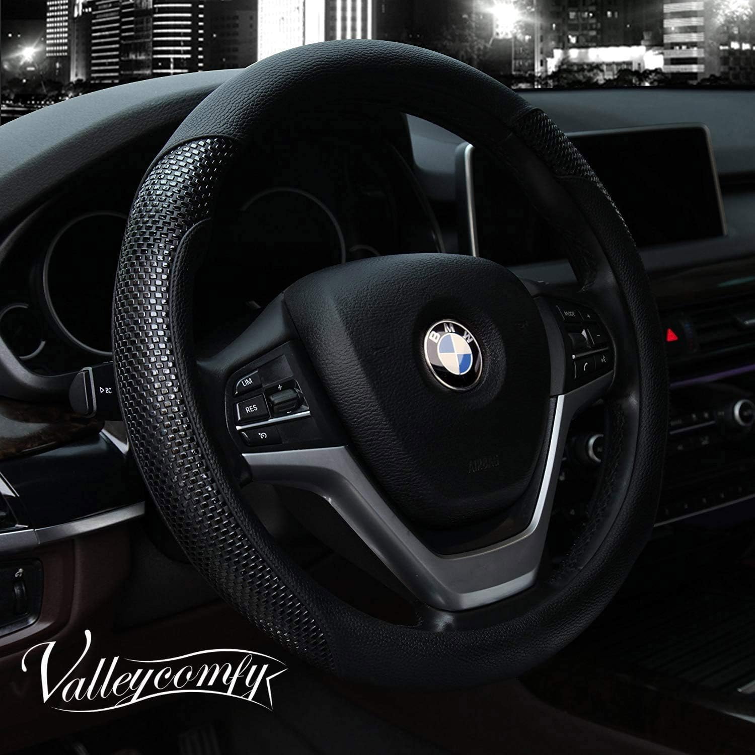 Valleycomfy Microfiber Leather Steering Wheel Covers Universal 15 inch (Black): Automotive