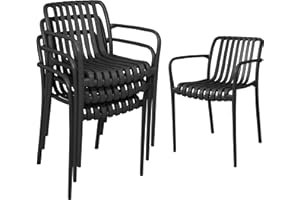 Outsunny Stackable Patio Chairs Set of 4, Outdoor Patio Dining Chairs with Curved Backrest, Slatted Seat and Armrest for Indo