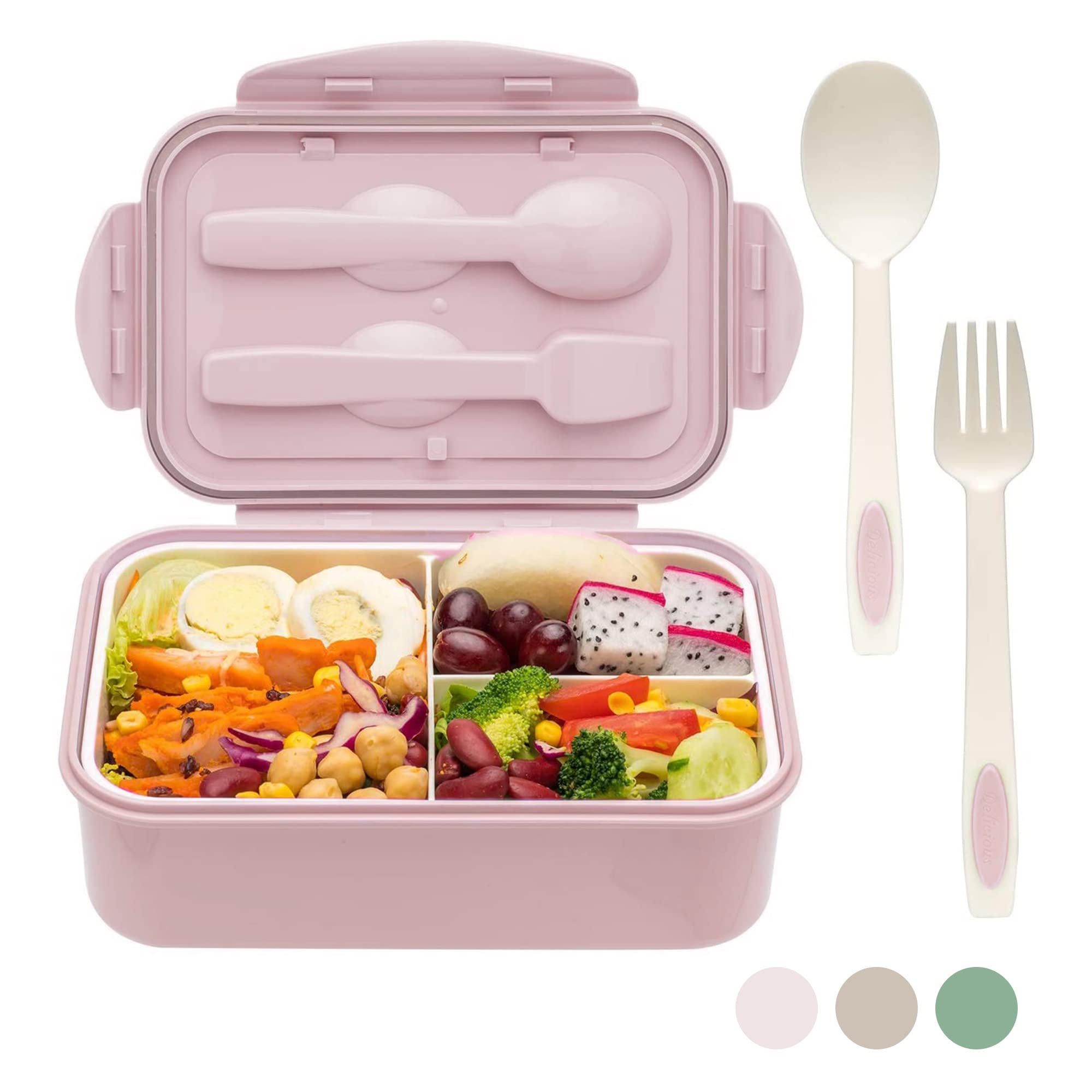 Kaket Bento Lunch Box, Bento Boxes, Meal Prep Containers with Fork and Spoon, Multi Compartment Bento for Adults Kids, Dishwasher Safe Micro-Wave Safe (Pink)