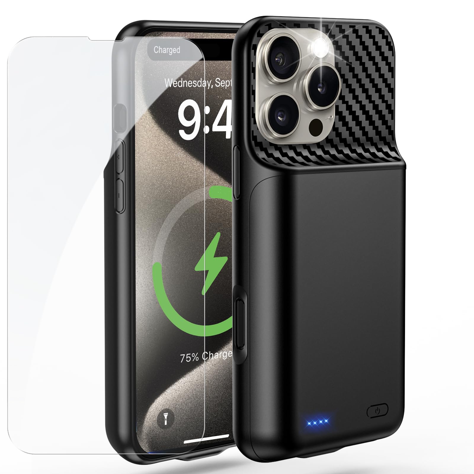 ZIKIHAA Battery Case for iPhone 15 Pro Max (6.7 inch), 2026 Upgraded High Capacity 13800mAh Battery Pack Rechargeable Charger External Charging Case with Tempered Glass Screen Protector Black