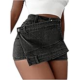 SHENHE Women's Vintage Mini Denim Skorts Wrap Overlay Irregular Stretchy Cargo Shorts