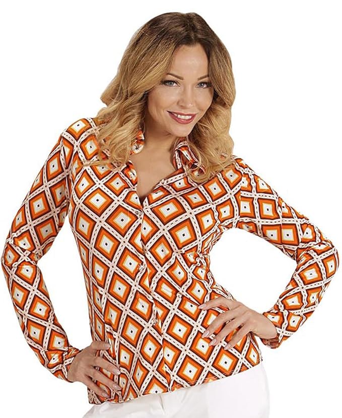 Karneval-Klamotten 70er Jahre Kostüm Bluse Retro Bluse Hippie Hemd Damen orange kariert Karneval Damen-Kostüm Größe 44/46