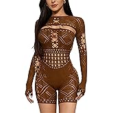 AIMISHI Sexy Long Sleeve Romper for Women See Through Mesh Hollow Out Bodysuit Seamless Jumpsuit