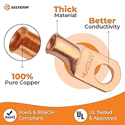 SELTERM 2pcs 6 AWG 5/16" Stud (Wide Pad) Copper