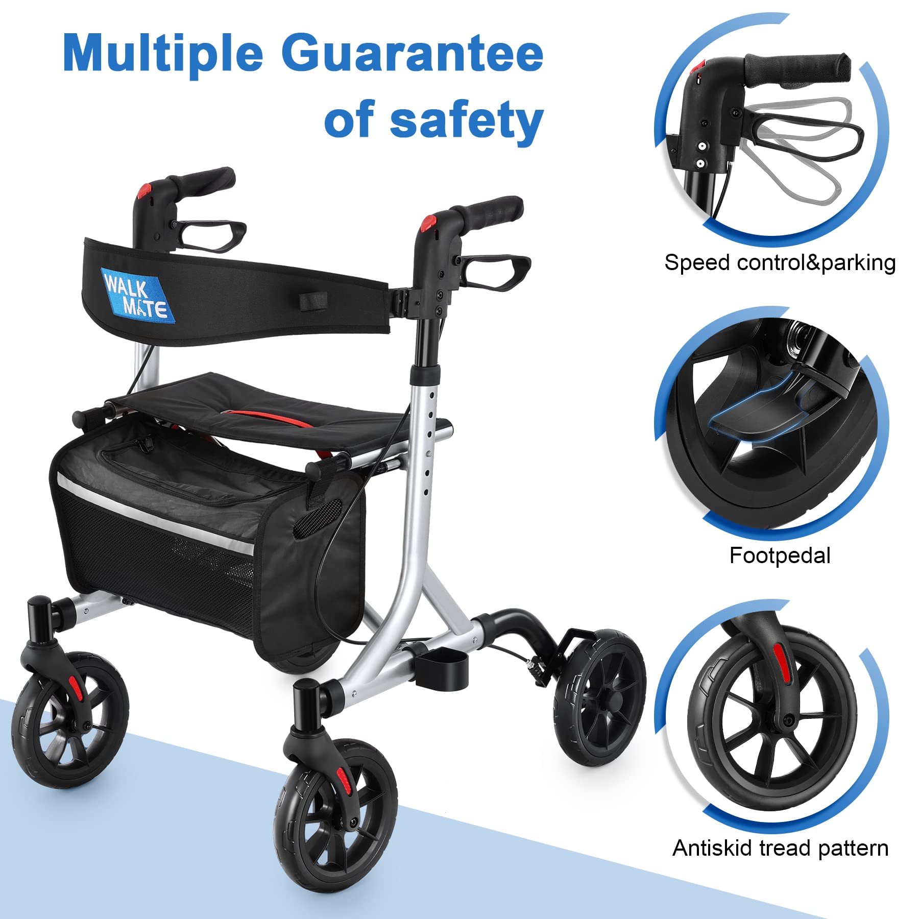 Rollator Walker for Seniors with Cup Holder, Upgraded Thumb Press Button for Height Adjustment, 4 x 8 Wheels Walker with Seat Padded Backrest Folding Lightweight Walking Aid, Silver
