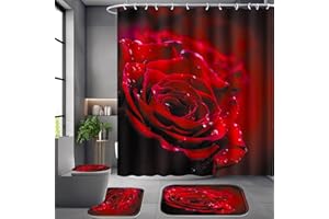 Poedist 4 Pcs Shower Curtain Set, Red Rose Bathroom Set,Romantic Shower Curtain Sets with Rugs(Bath Mat,U Shape and Toilet Lid Cover Mat) and 12 Hooks