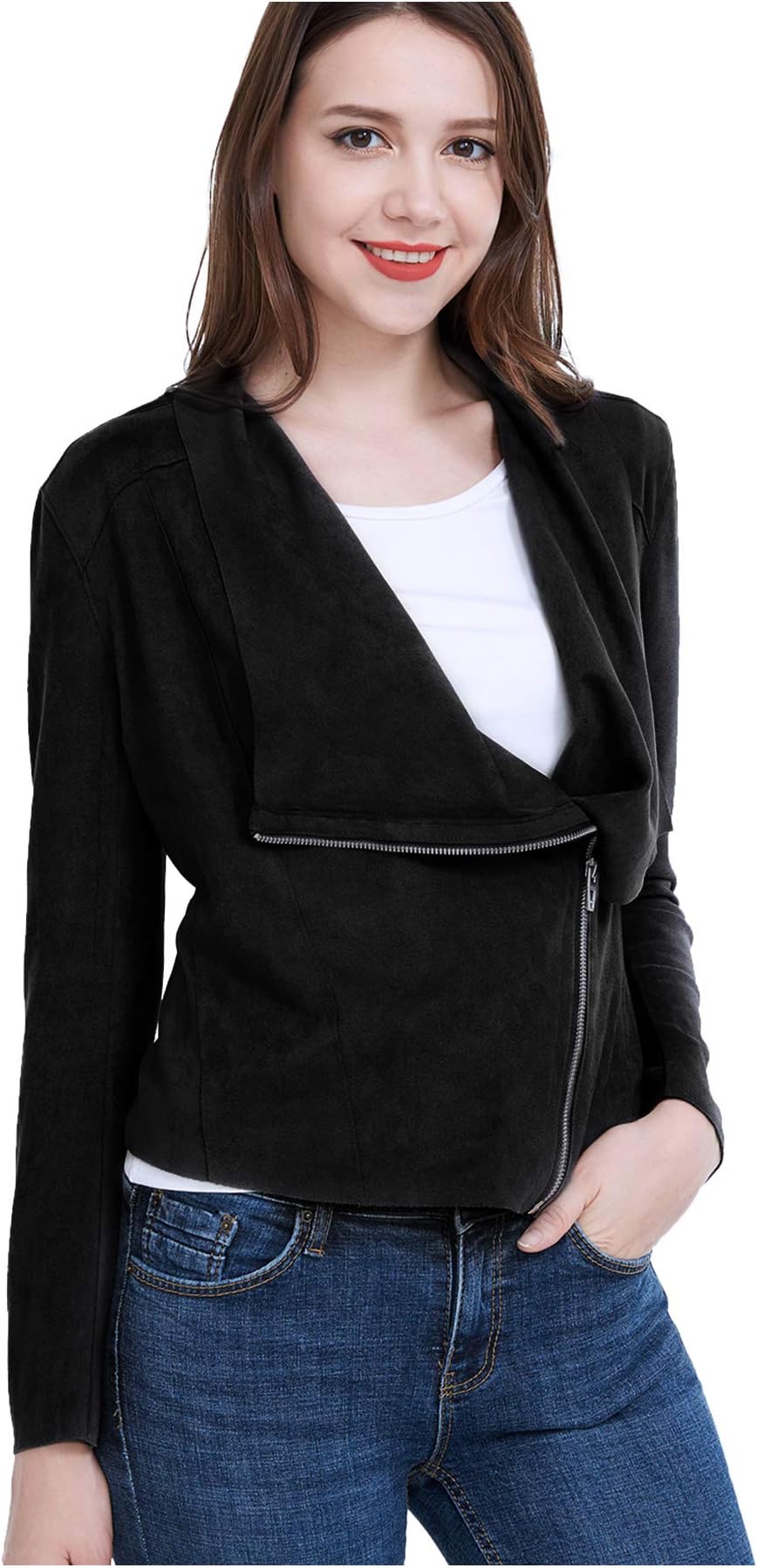 Fasbric Women's Lightweight Whole Faux Chamois Leather Zipper Jacket Suede Tops Solid Coat Outwear (Spring,Autumn)