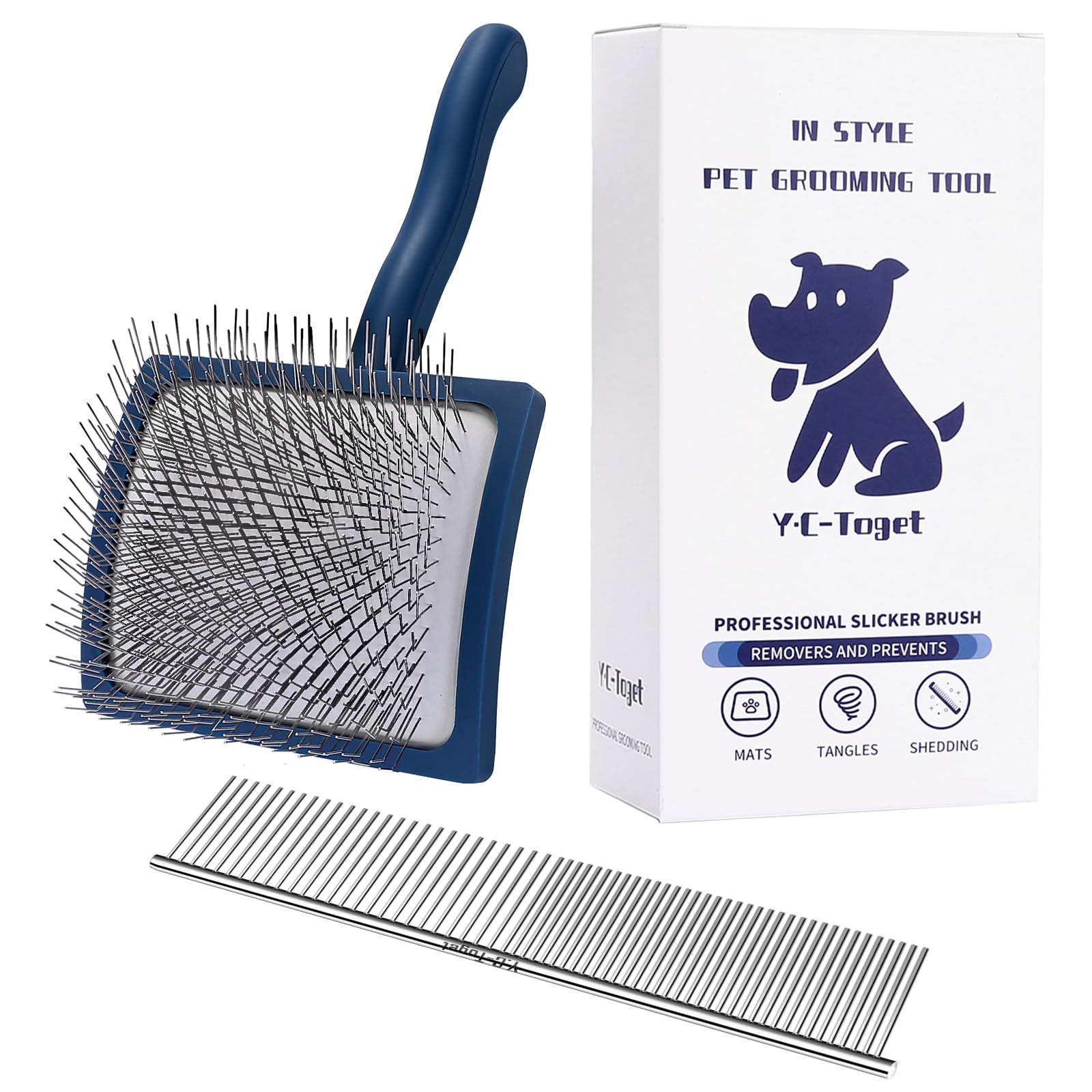 Slicker Dog Brush & Comb Grooming Kit for Goldendoodles & Poodles, 1.1'' Extra Long Pin, Gentle Detangling & Dematting for Long Haired Dogs, Reduces Shedding