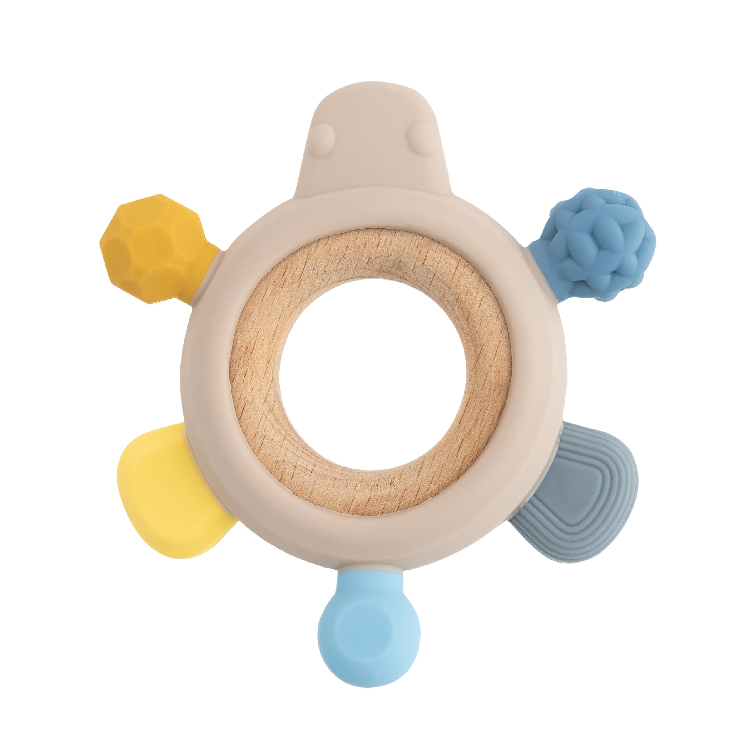 babynova Wood and Silicone Teether- from 3+ Months - Teething Rings Baby Toy - Tooth and Gum Pain Relief - Play & Learn - Early Motor Skills Development - BPA-Free - Yellow Blue