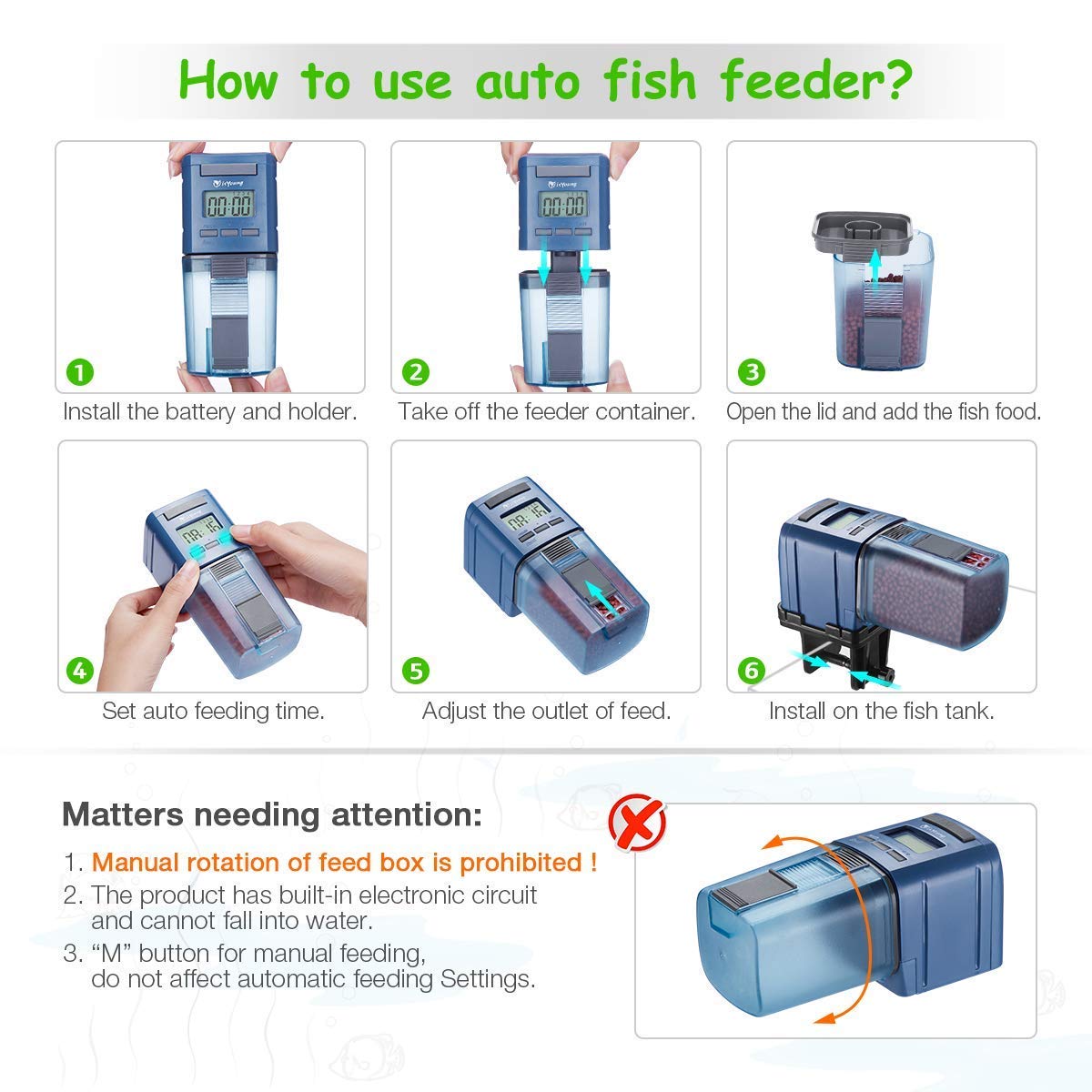 isYoung Aquarium Automatic Fish Feeder Auto Fish Food Dispenser Electronic Timer Feeder for Fish Tank with LCD Display and Feeding Time Setting, Suitable for Aquarium, Fish Tank and Turtle Tank