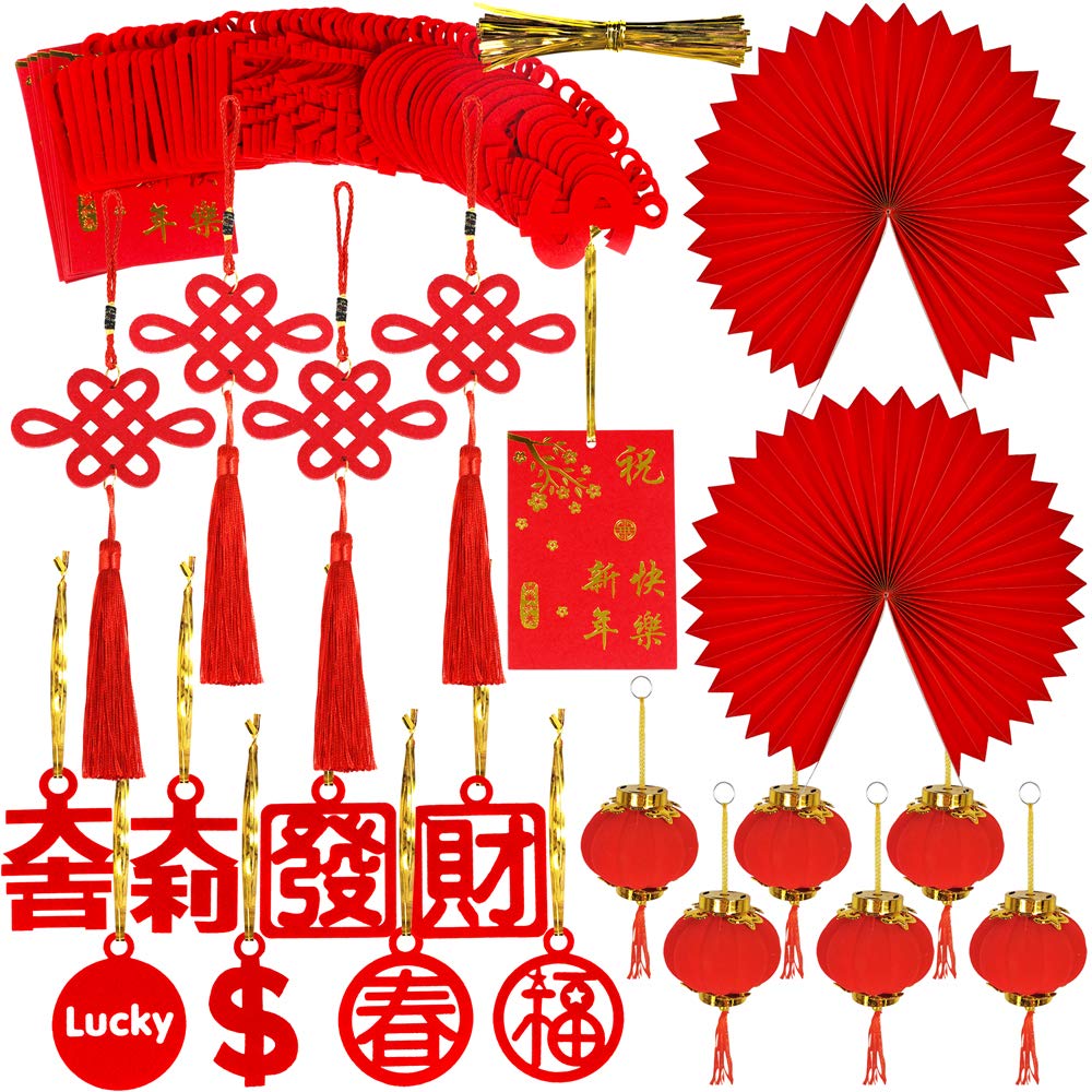 86 Pcs Chinese New Year Decorations Chinese Characters Red Lanterns Knots Tassel Ornaments Paper Fans Hanging Good Luck Ornaments For Chinese Lunar New Year The Year Of The Rat Party Decor