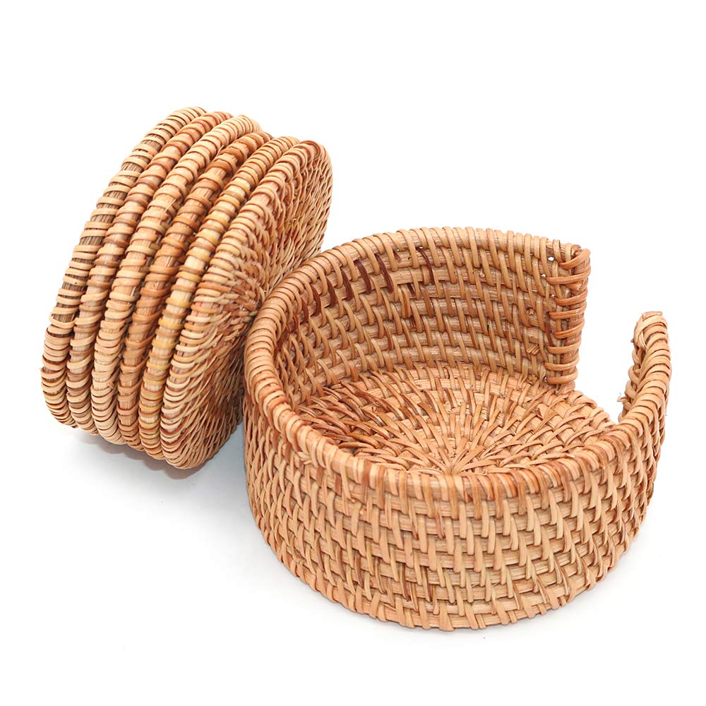POFET Handwoven Rattan Coasters Teacup Base Plate Dishes Insulated Hot Mats for Kitchen Teahouse Accessories 6PCS/SET with Holder (Rattan, 10cm Round)