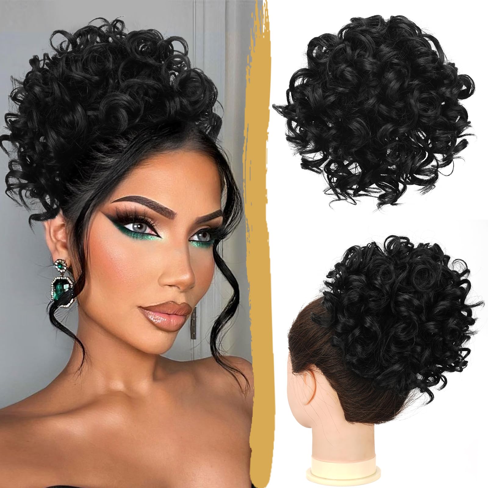 Photo 1 of ***(COLOR WILL VARY)***PEACOCO Messy Bun Short Curly Ponytail Extension Elastic Drawstring Loose Hair Bun Hair Pieces for Women with Thinning Hair High Temperature Synthetic Fiber Hair Bun Extension 80g, Natural Black