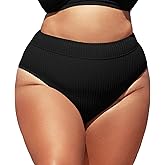 CUPSHE Women Swimsuit Plus Size Bikini Bottom High Waisted Ribbed Texture Modest Widen Band Bathing Suit