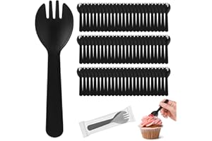 Cofimkate 100Pcs Mini Plastic Spork, 4.2 Inch Individually Wrapped Disposable Cutlery, Small Black Fork Spoon Combo for Desserts, Ice Cream, Cakes, Appetizer, To-Go & Party Use