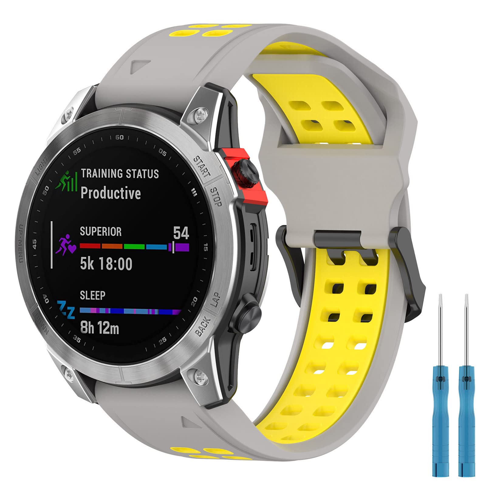 Miimall 22mm Silicone Strap for Garmin Fenix 7, Fenix 6/6 Pro/Fenix 5/5 Plus, Replacement Sports Strap for Instinct 2/Approach S62/S60/Quatix 6/5, Forerunner 935/945 Watch Band -Gray+Yellow